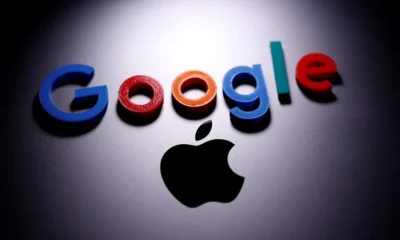 Google and Apple logos on dark background