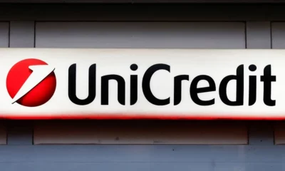 UniCredit logo on a sign.