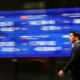 Man walks past stock market index board.