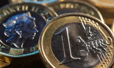 Close-up of Euro and Pound coins.