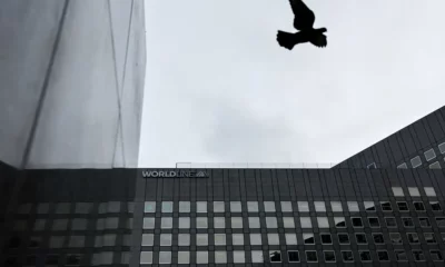 Building facade with a bird in flight.