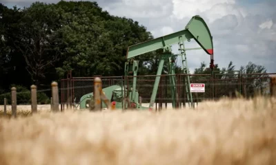 Oil pumpjack in a rural field, warning sign visible.