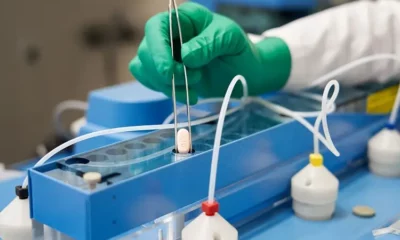 Gloved hand holds pill with tweezers in laboratory.