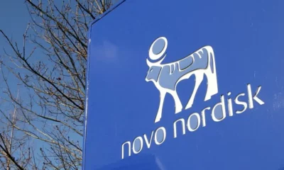 Novo Nordisk logo on blue sign.