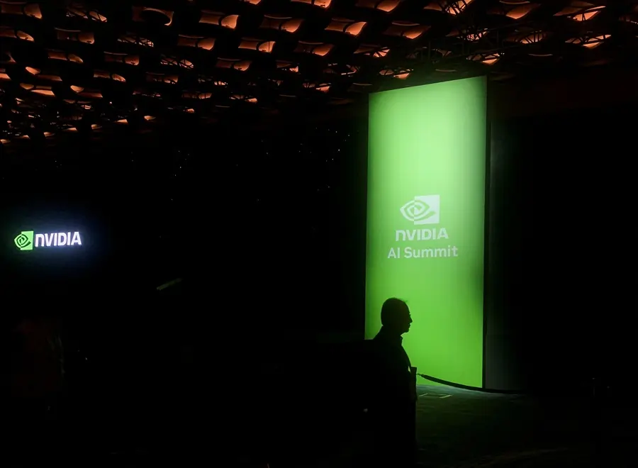 NVIDIA AI Summit event banner glowing in dark room.