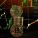 Bitcoin coins with stock market graph background