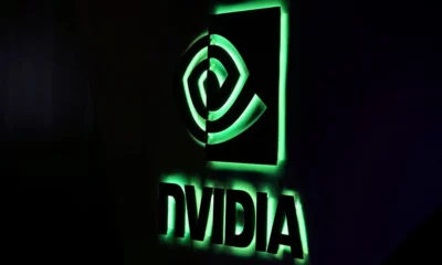 Illuminated Nvidia logo on dark background