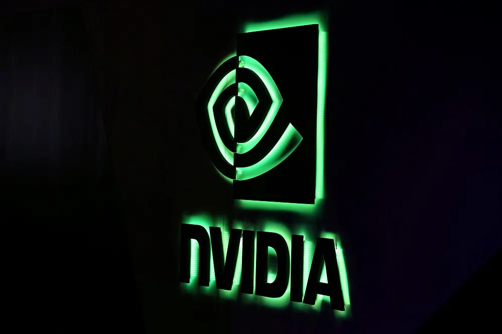 Illuminated Nvidia logo on dark background