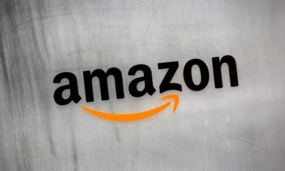 Amazon logo on metal surface.