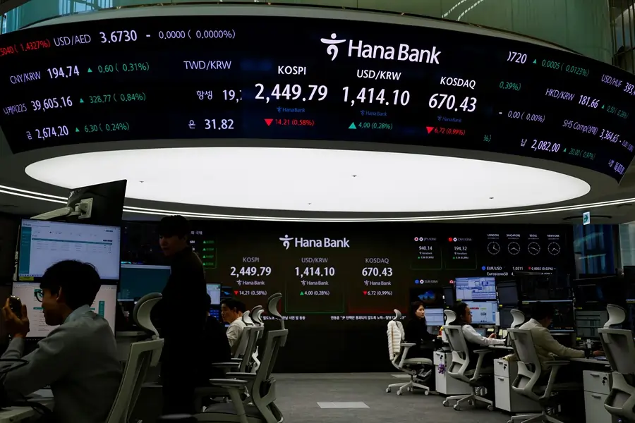 Hana Bank trading floor with digital stock displays.