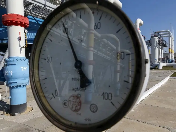 Pressure gauge at industrial gas pipeline facility.