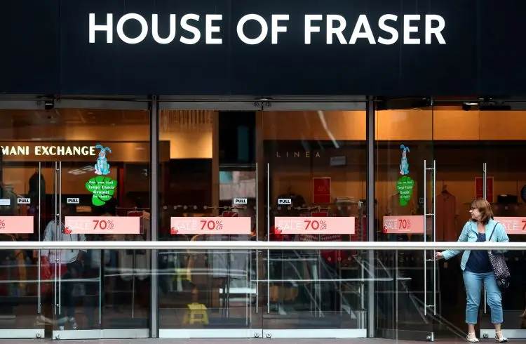 House of Fraser storefront with sale banners displayed.