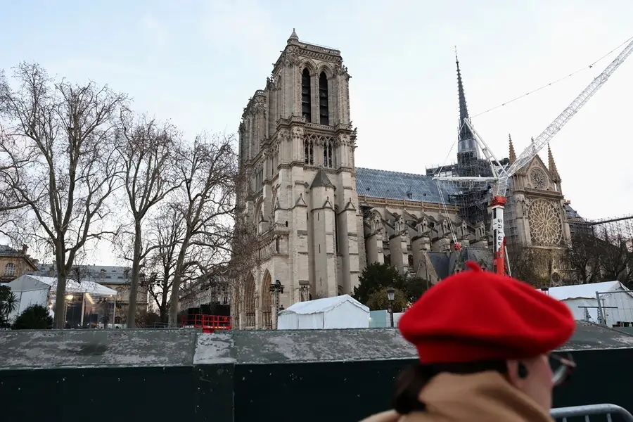 Notre-Dame Cathedral under restoration, Paris outdoors view.