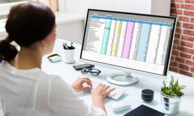 Woman working on spreadsheet at computer desk.