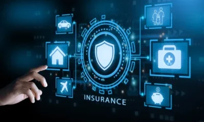 Digital insurance concept with icons and shield.