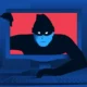 Illustration of a hacker emerging from computer screen.