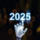 Robot hand touches glowing 2025 futuristic numbers.